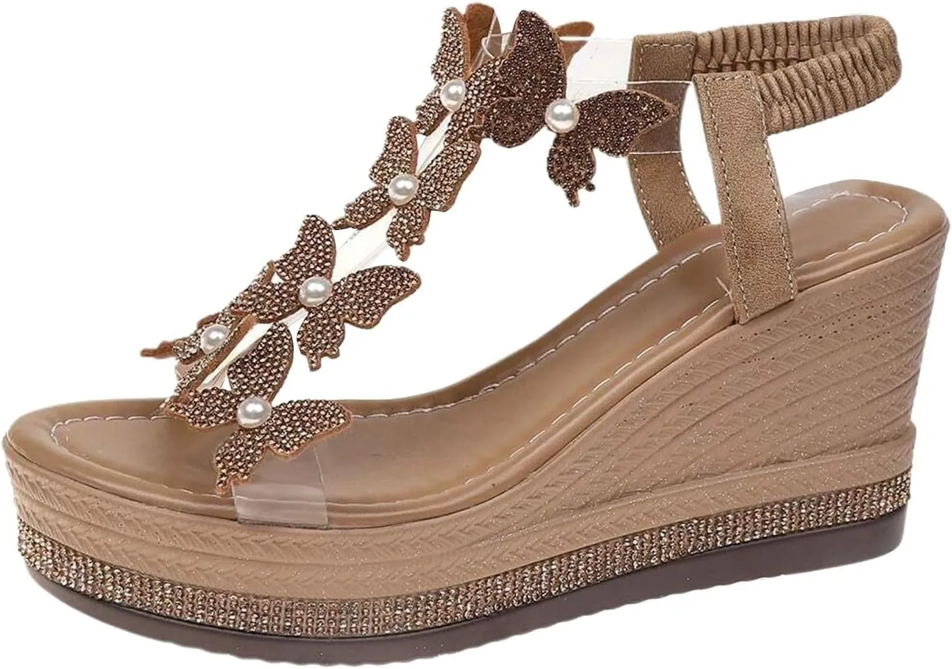 Hbeylia Women's High Wedge Heels Summer Dressy Platform Sandals Elastic Ankle Strap Open Toe Rhinestones Butterfly Shoes for Women 2025 Comfortable Walking Slip On Dress Beach Wedding Sandals