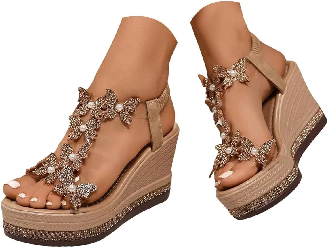 Hbeylia Women's High Wedge Heels Summer Dressy Platform Sandals Elastic Ankle Strap Open Toe Rhinestones Butterfly Shoes for Women 2025 Comfortable Walking Slip On Dress Beach Wedding Sandals