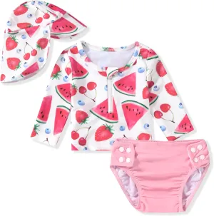 HINTINA Newborn Baby Girl Long Sleeve 2-Pieces Swimsuit Bathing Suit with Hat