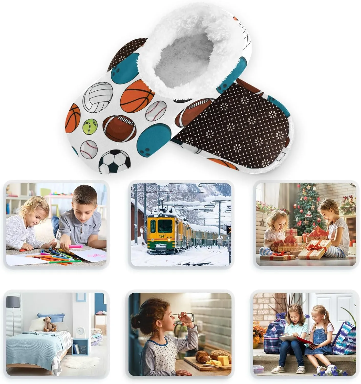 Ice Hockey Pucks Balls Soccer Kids House Slippers Football Basketball Baseball Boys Closed Back Fuzzy Feet Slippers Girls Coral Fleece Slipper Socks No Skid Warm Cozy Home Slippers For Indoor Outdoo