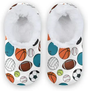 Ice Hockey Pucks Balls Soccer Kids House Slippers Football Basketball Baseball Boys Closed Back Fuzzy Feet Slippers Girls Coral Fleece Slipper Socks No Skid Warm Cozy Home Slippers For Indoor Outdoo