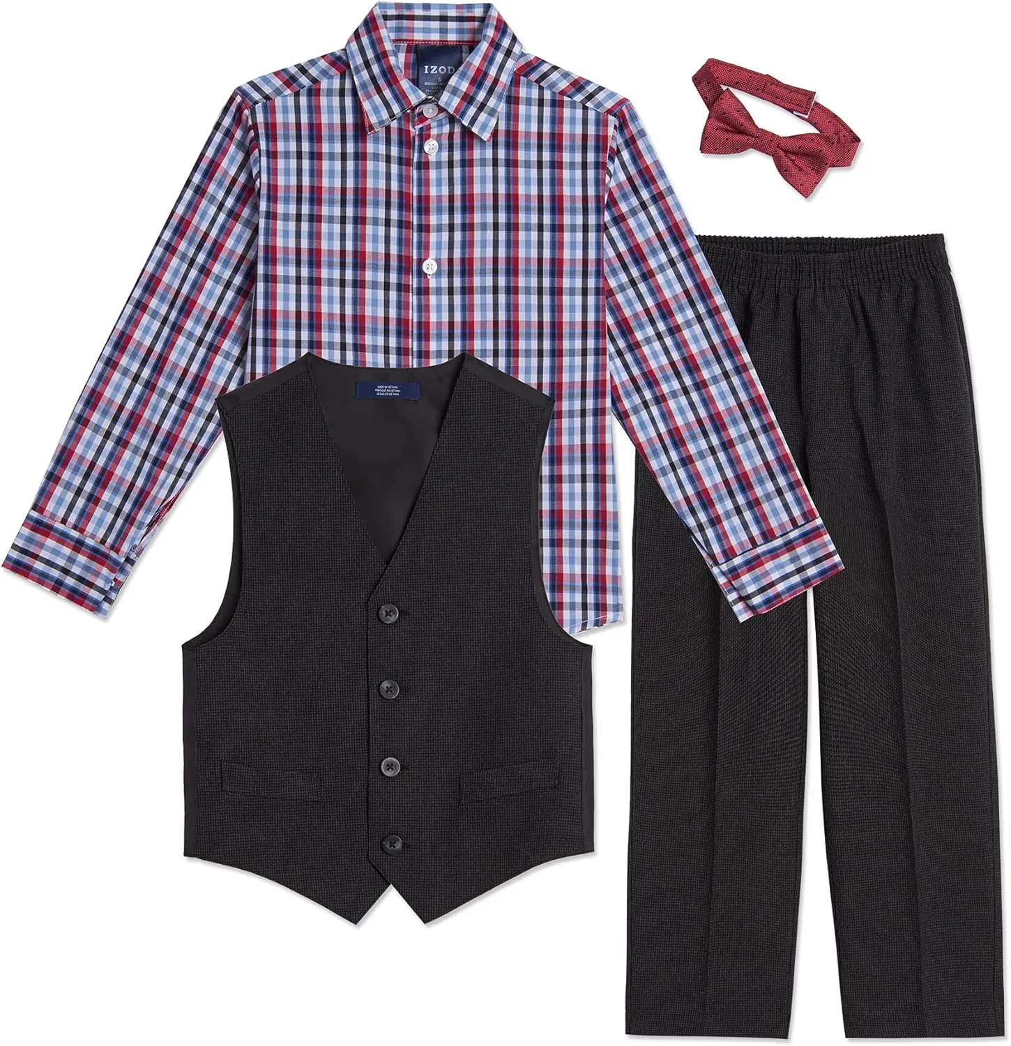 IZOD Boys' 4-Piece Set with Collared Dress Shirt, Tie, Vest, and Pants