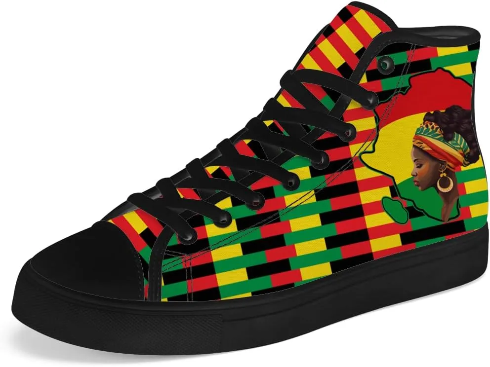 Juneteenth High Top Canvas Shoes for Men Women Pan African Flag High Top Sneakers Lace Up Casual Shoes Gifts for Dad Mom