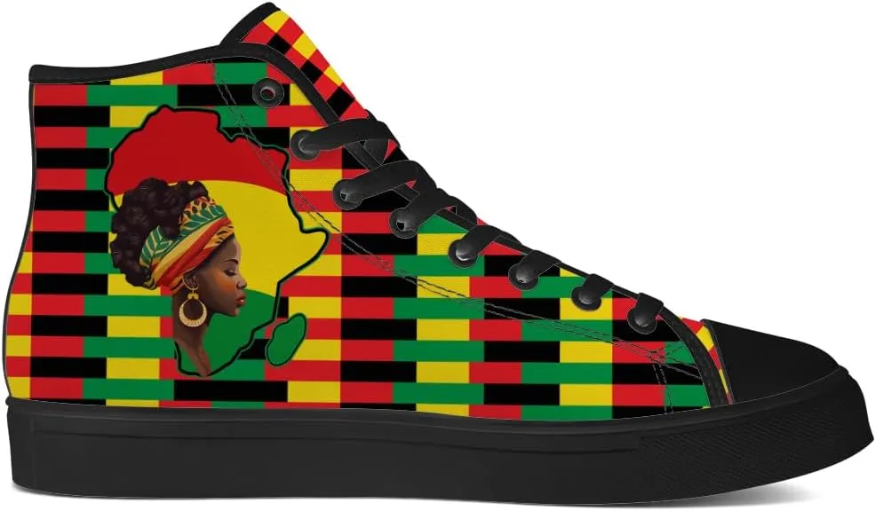 Juneteenth High Top Canvas Shoes for Men Women Pan African Flag High Top Sneakers Lace Up Casual Shoes Gifts for Dad Mom