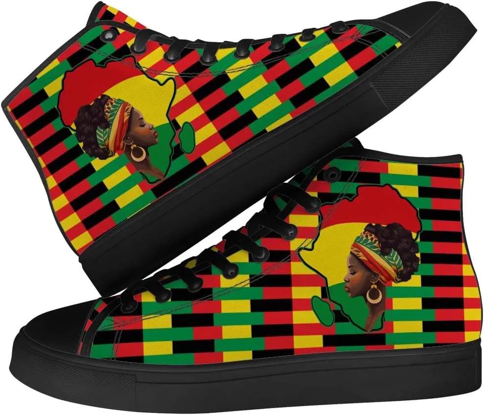 Juneteenth High Top Canvas Shoes for Men Women Pan African Flag High Top Sneakers Lace Up Casual Shoes Gifts for Dad Mom