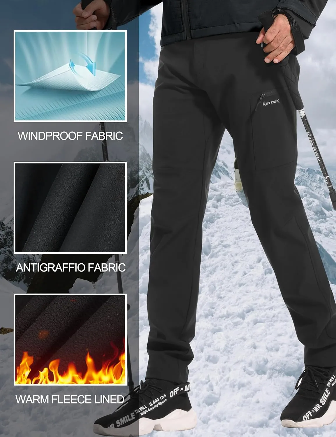 KUTOOK Men's Fleece Lined Softshell Pants Winter Warm Waterproof Windproof Hiking Running Workout with Zipper Pockets S-3XL