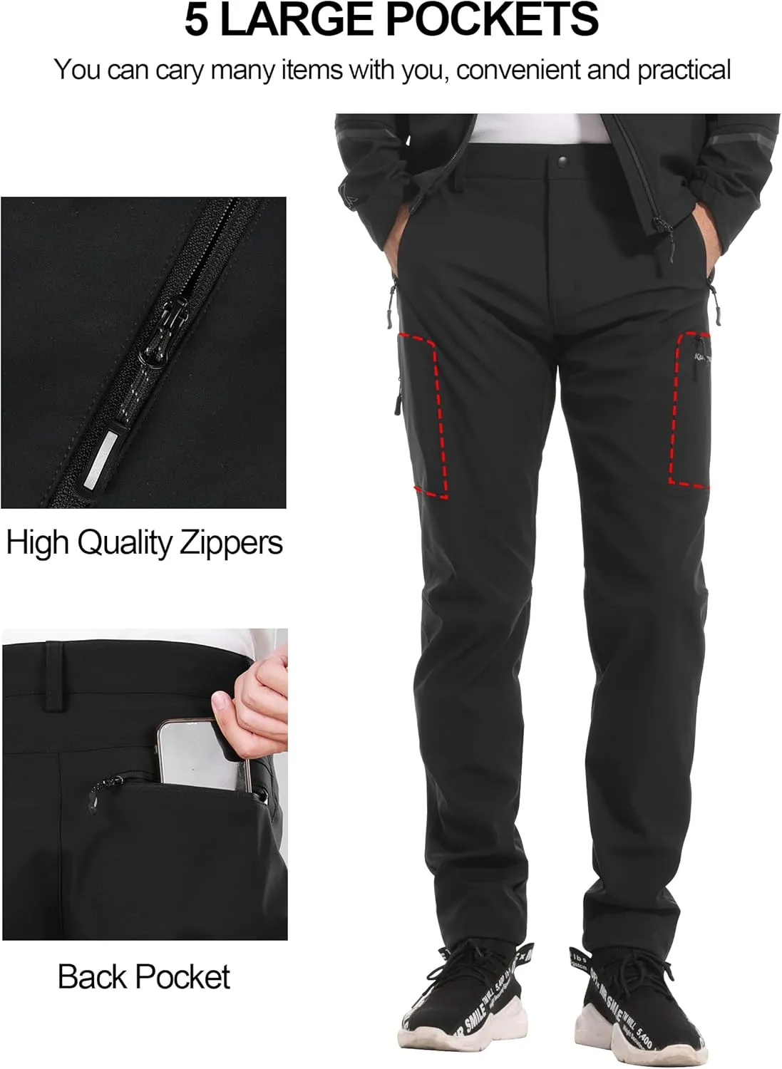 KUTOOK Men's Fleece Lined Softshell Pants Winter Warm Waterproof Windproof Hiking Running Workout with Zipper Pockets S-3XL