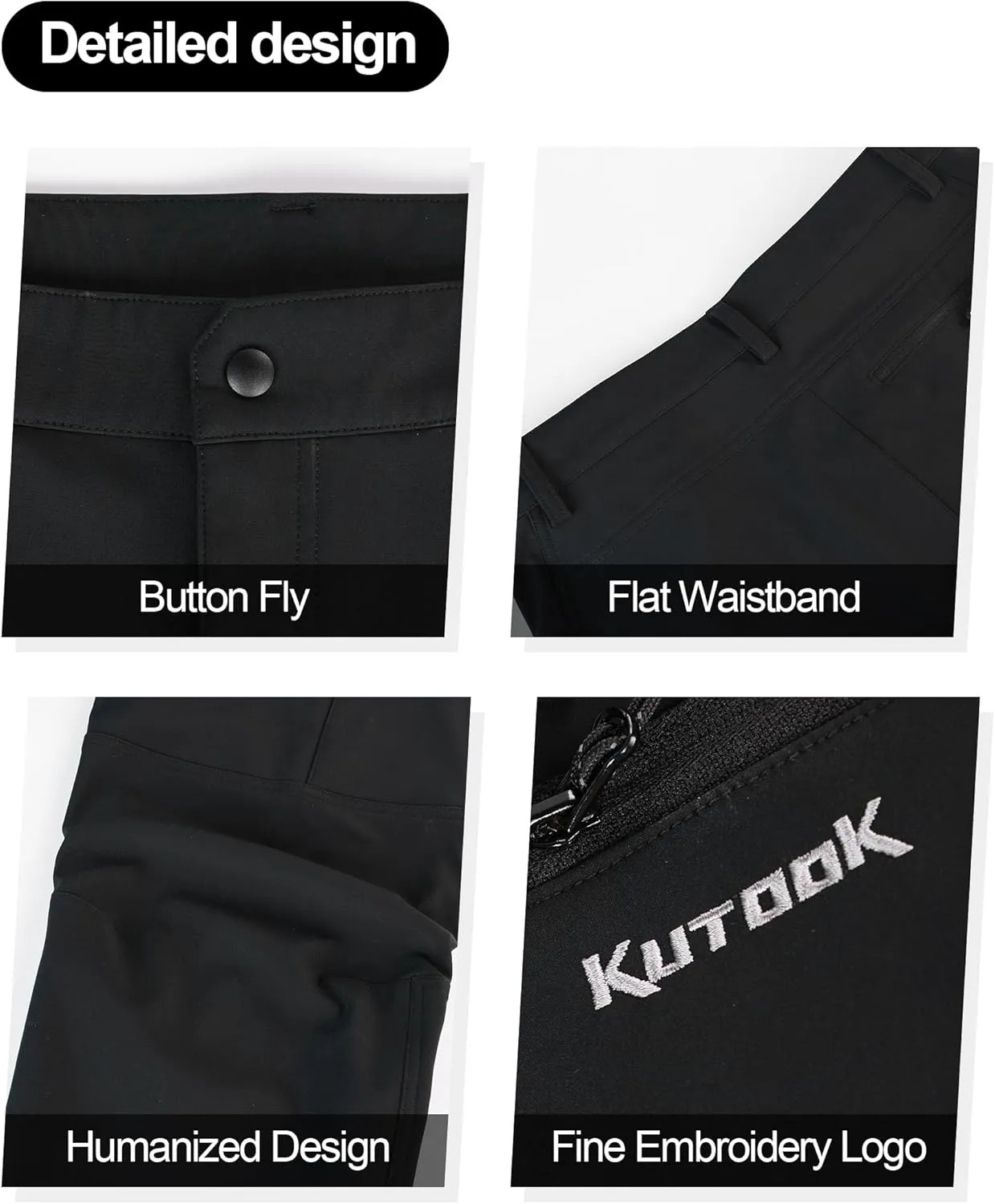 KUTOOK Men's Fleece Lined Softshell Pants Winter Warm Waterproof Windproof Hiking Running Workout with Zipper Pockets S-3XL