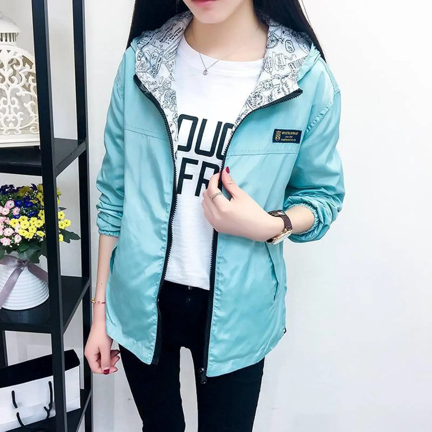 Ladies Long Sleeves Fashion Solid Reversible Windbreaker Zipper Hooded Casual Jacket Outerwear Women's Anoraks 2023