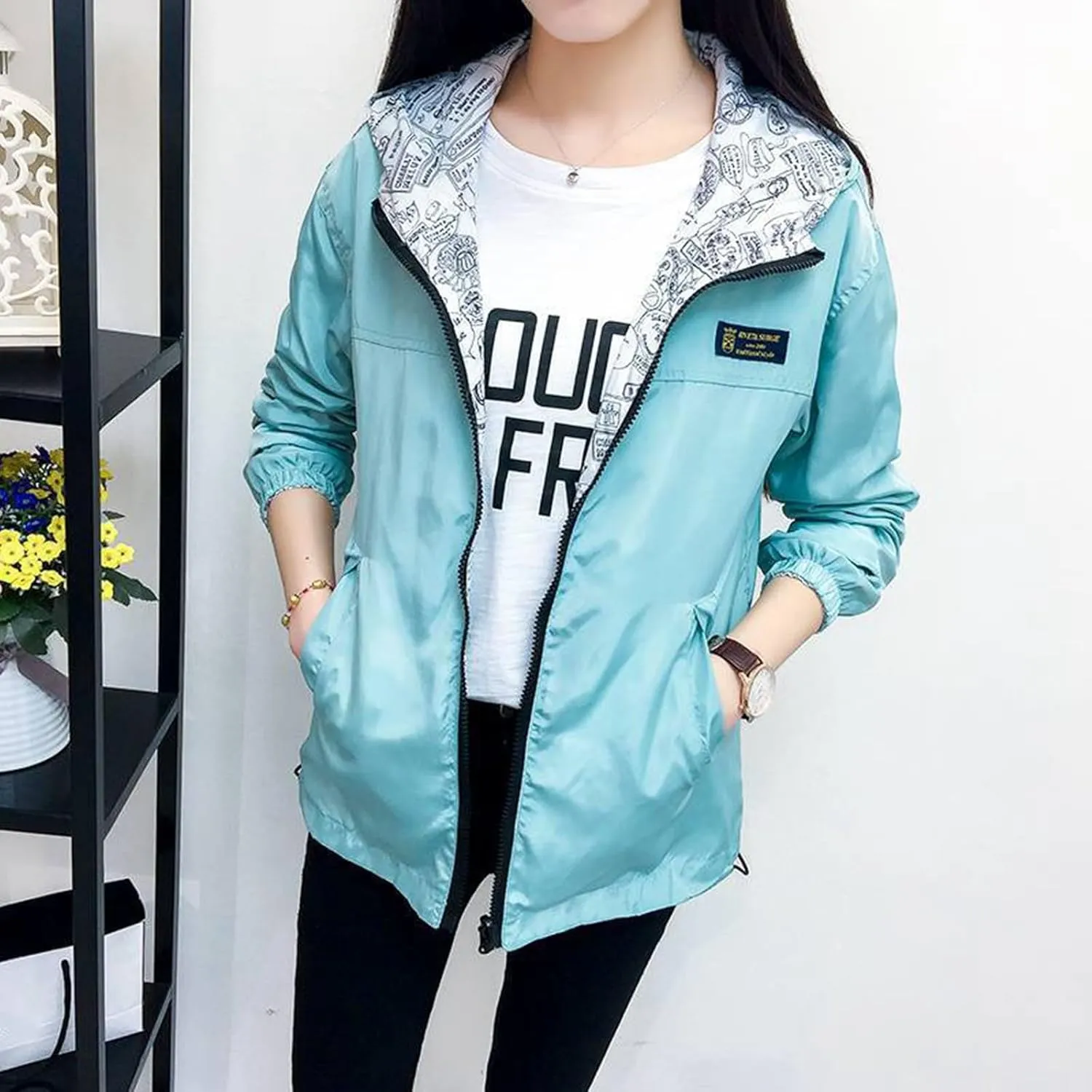 Ladies Long Sleeves Fashion Solid Reversible Windbreaker Zipper Hooded Casual Jacket Outerwear Women's Anoraks 2023