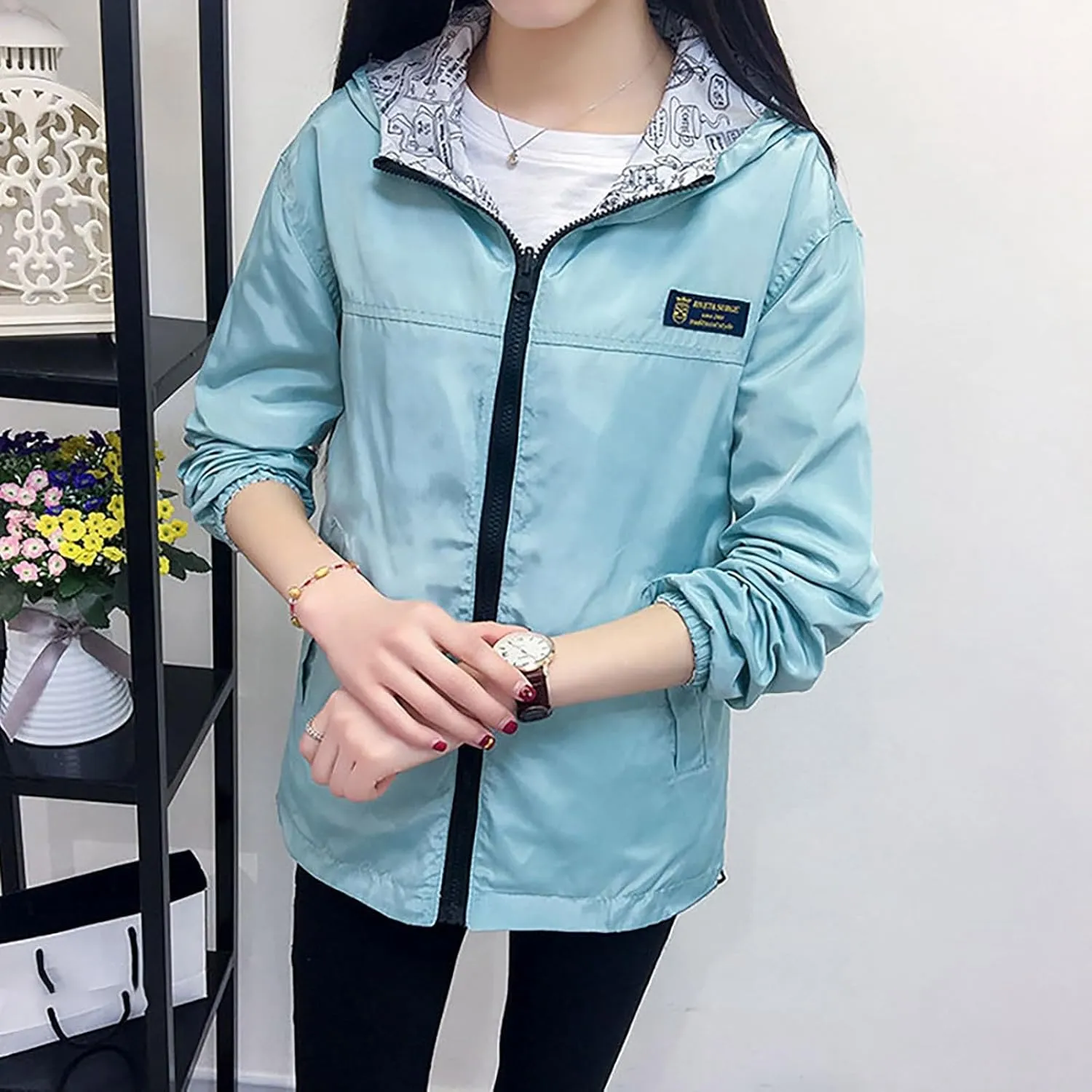 Ladies Long Sleeves Fashion Solid Reversible Windbreaker Zipper Hooded Casual Jacket Outerwear Women's Anoraks 2023