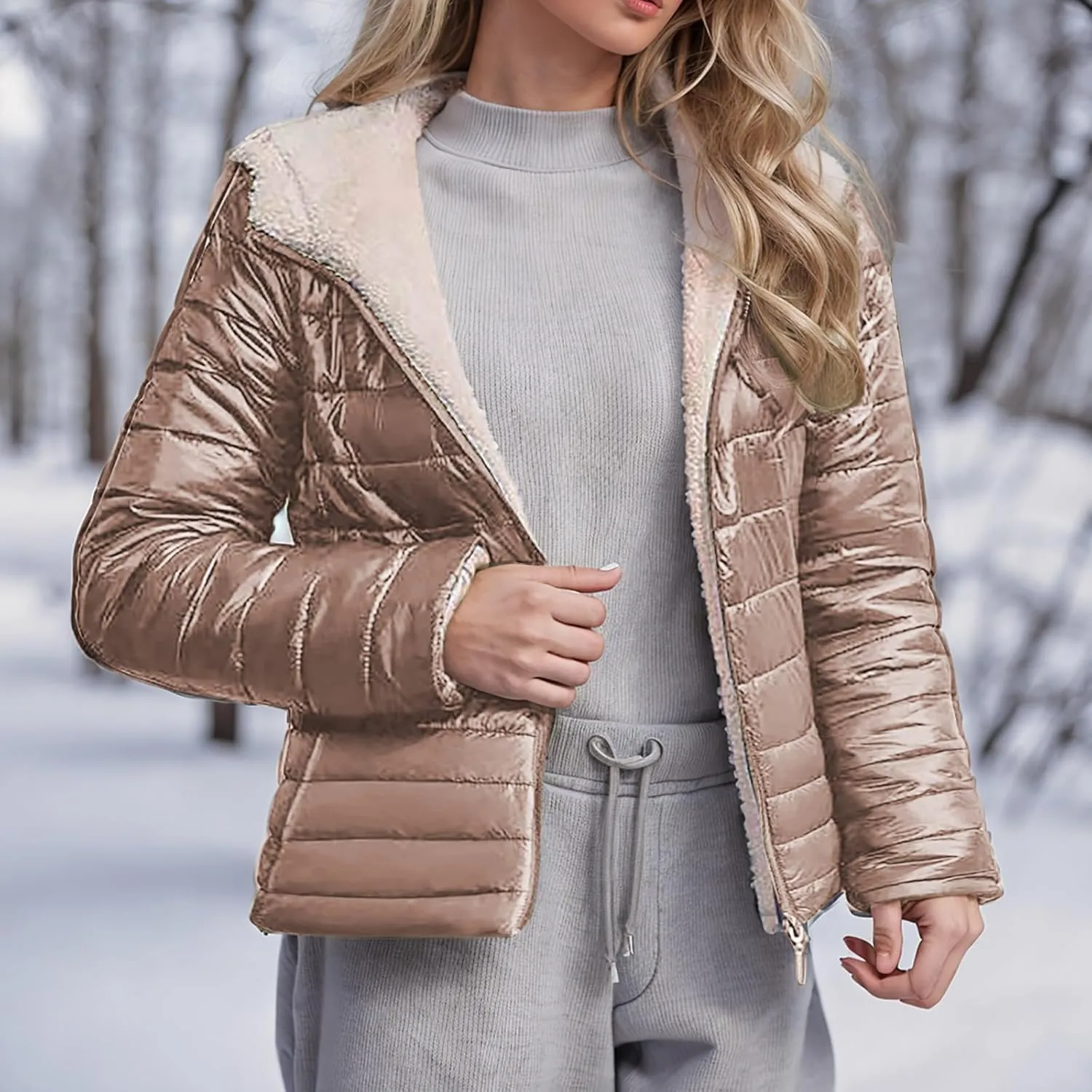 Lmdudan Women's Quilted Winter Coats Hooded Warm Puffer Jacket with Fleece Hood 2024 Lightweight Down Fleece Outerwear