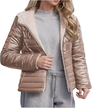 Lmdudan Women's Quilted Winter Coats Hooded Warm Puffer Jacket with Fleece Hood 2024 Lightweight Down Fleece Outerwear