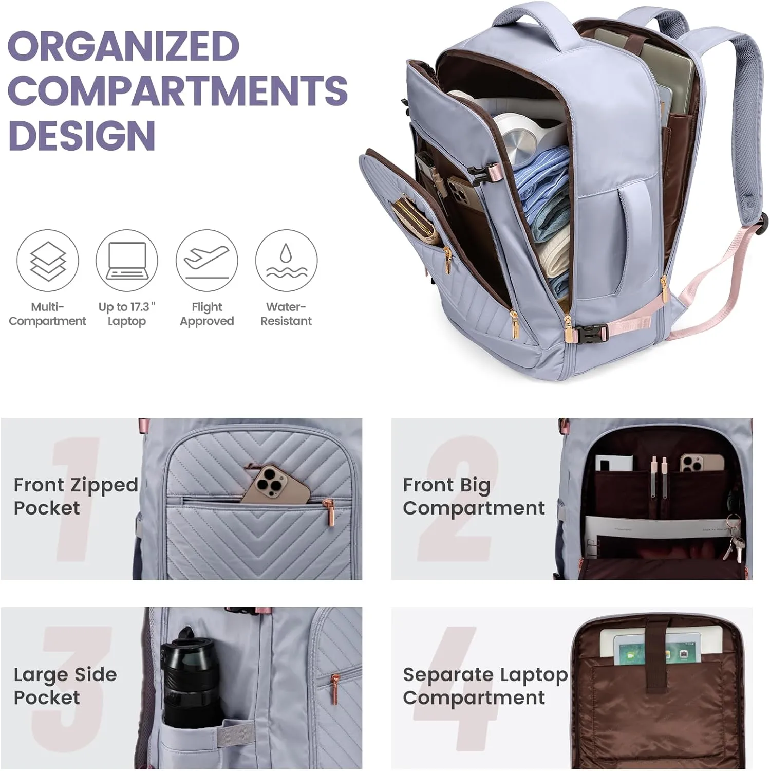 LOVEVOOK Large Travel Backpack for Women,Carry on Backpack Flight Approved,Personal Item Backpack Travel Bag with 3 Packing Cubes,Waterproof Back Pack TSA Fit 17inch Laptop Luggage with USB Port