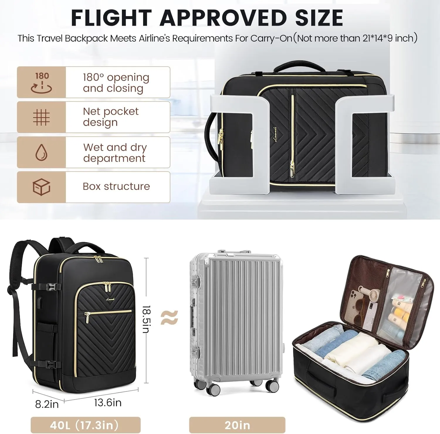 LOVEVOOK Large Travel Backpack for Women,Carry on Backpack Flight Approved,Personal Item Backpack Travel Bag with 3 Packing Cubes,Waterproof Back Pack TSA Fit 17inch Laptop Luggage with USB Port