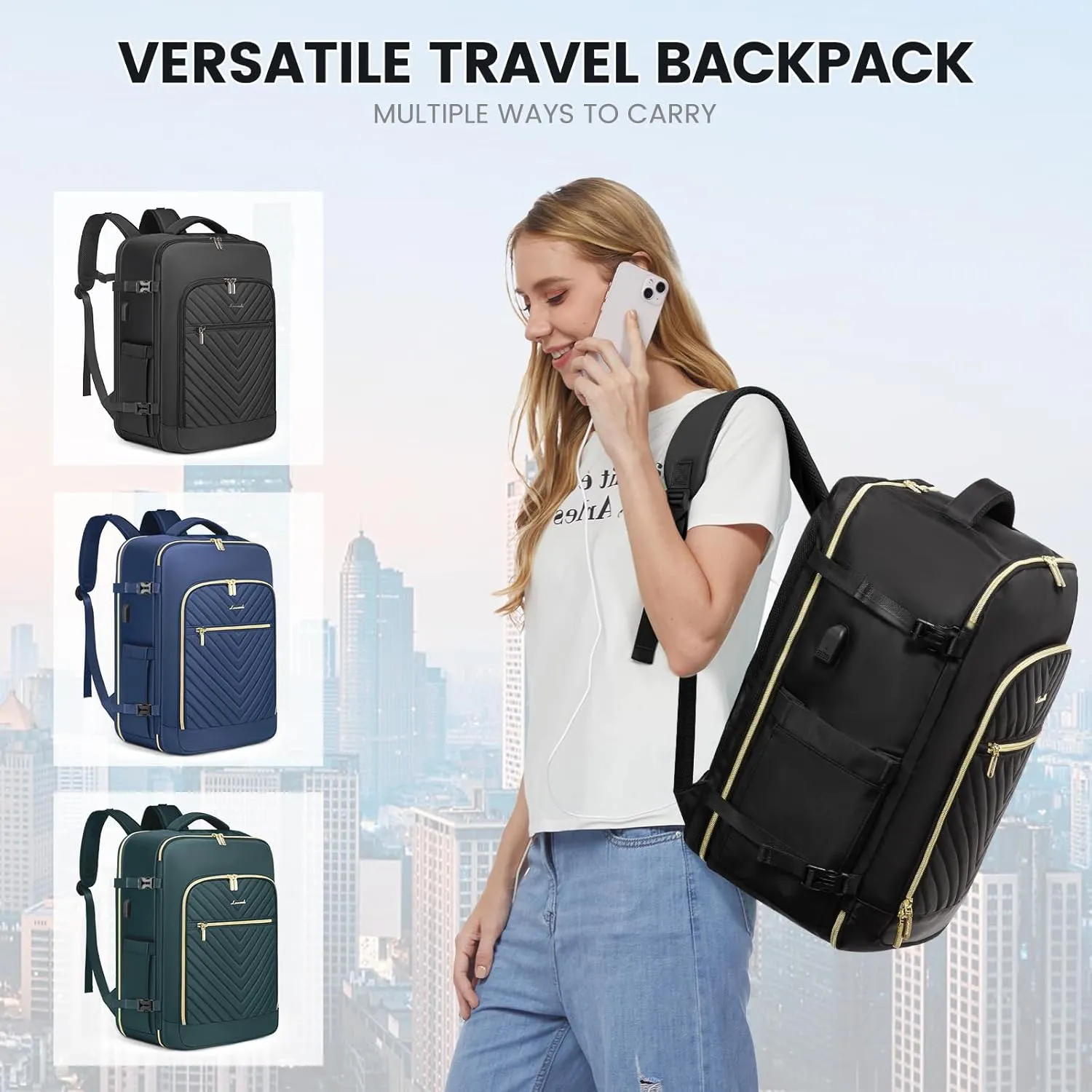 LOVEVOOK Large Travel Backpack for Women,Carry on Backpack Flight Approved,Personal Item Backpack Travel Bag with 3 Packing Cubes,Waterproof Back Pack TSA Fit 17inch Laptop Luggage with USB Port