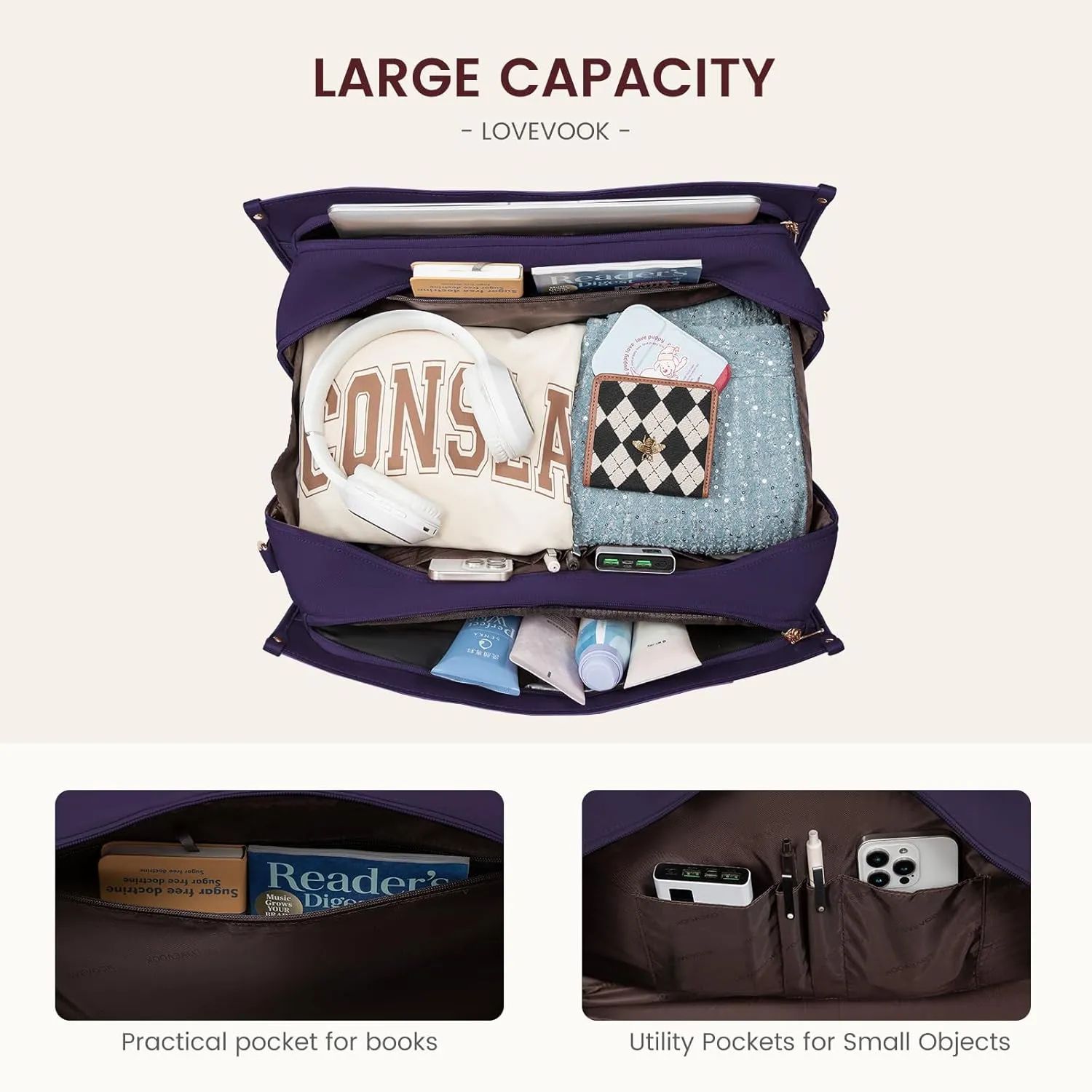 LOVEVOOK Weekender Bags for Women 18-21" Large Capacity Dual Material All-In-One Travel Duffle Carry On Bag with Laptop Compartment, Wet/Dry Separation for Overnight/Gym 1 Shoe Organizer, 2 Pockets