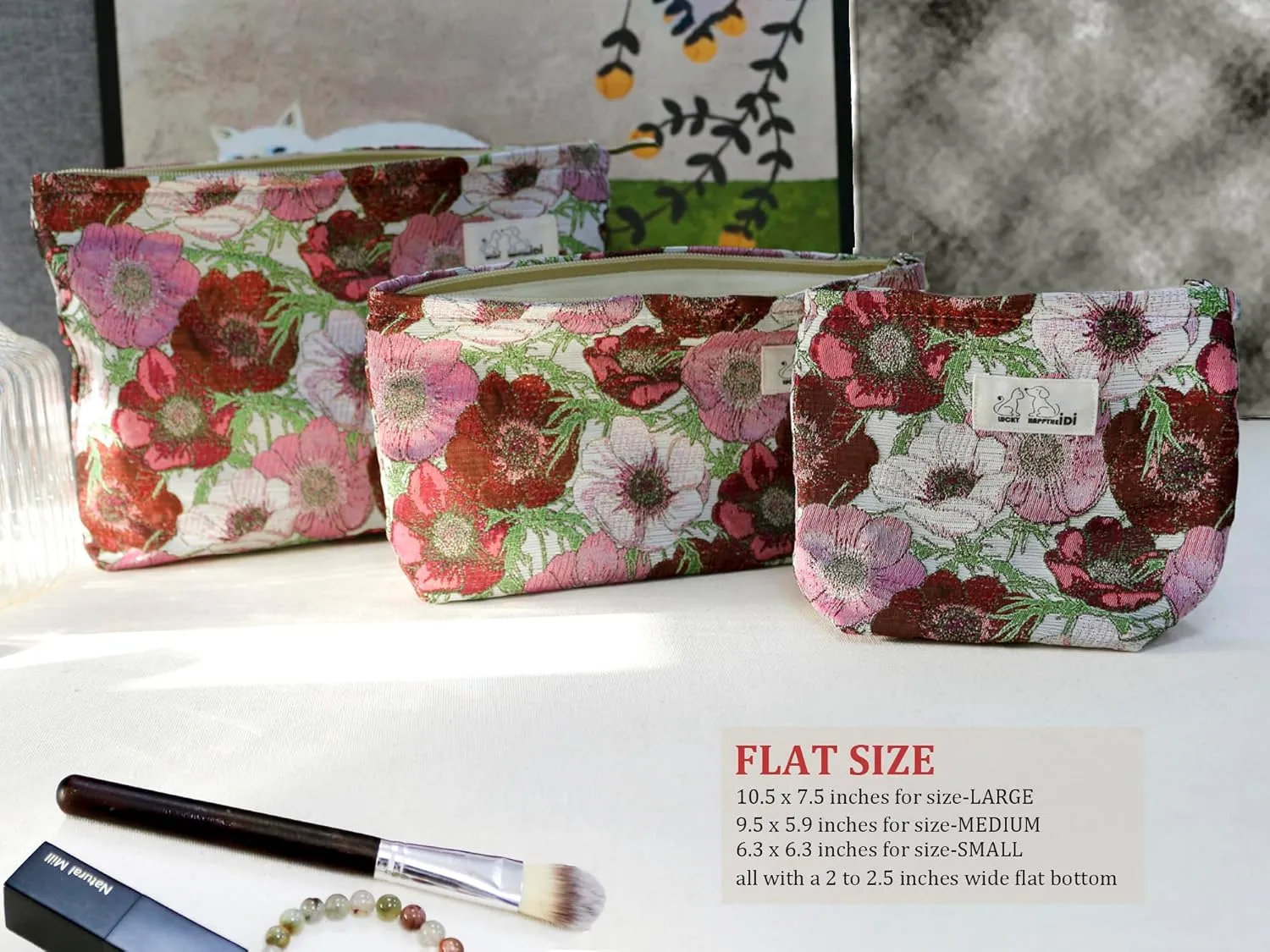 Makeup Bag Set 3 Cosmetic Toiletry Organizer Zipper Pouch for Purse Tote, Women Girls Gift, Large Medium Small, Red Floral Jacquard Polyester