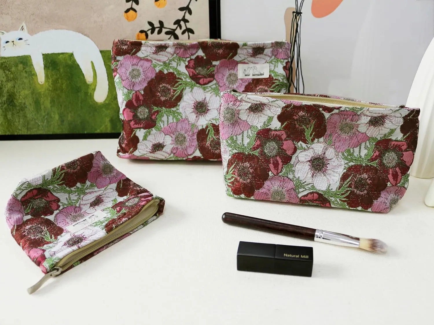 Makeup Bag Set 3 Cosmetic Toiletry Organizer Zipper Pouch for Purse Tote, Women Girls Gift, Large Medium Small, Red Floral Jacquard Polyester