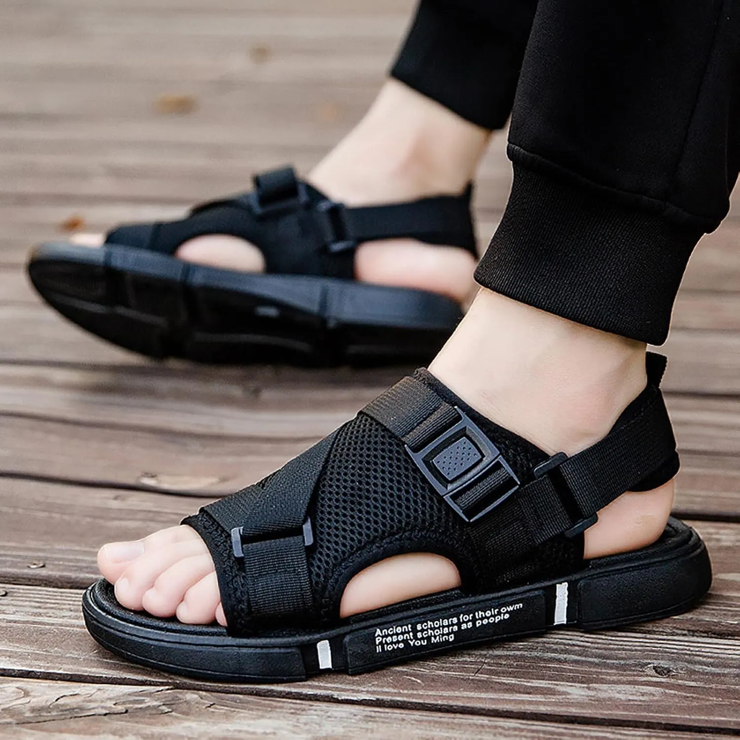 Men Sports Sandals Fashion Solid Color Hollow Out Casual Breathable Slippers Shoes Mens Sandals Size 12 Slides (Black, 8.5)