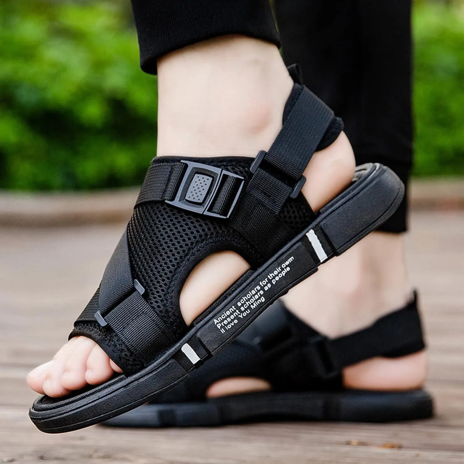 Men Sports Sandals Fashion Solid Color Hollow Out Casual Breathable Slippers Shoes Mens Sandals Size 12 Slides (Black, 8.5)