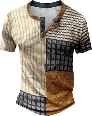 Mens Waffle Distressed Henley Shirts Slim Fit Short Sleeve Retro V-Neck Henley T-Shirts Casual 3D Printed Gym Workout Tee Top