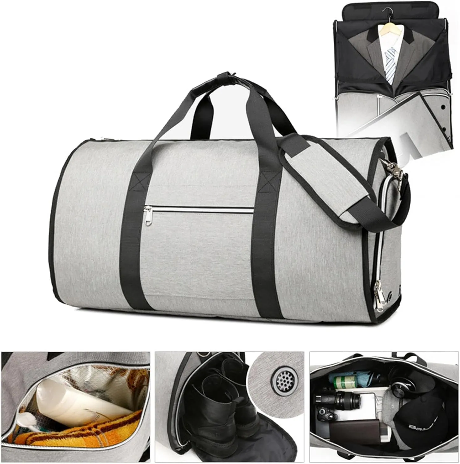 Naysku Garment Duffle Bag, Travel Suit Carrier Bag, Foldable Garment Suit Bag with Shoe Compartment, Convertible Luggage Suitcase Clothing Organizer, for Men, Women & Travel Accessories (Gray)