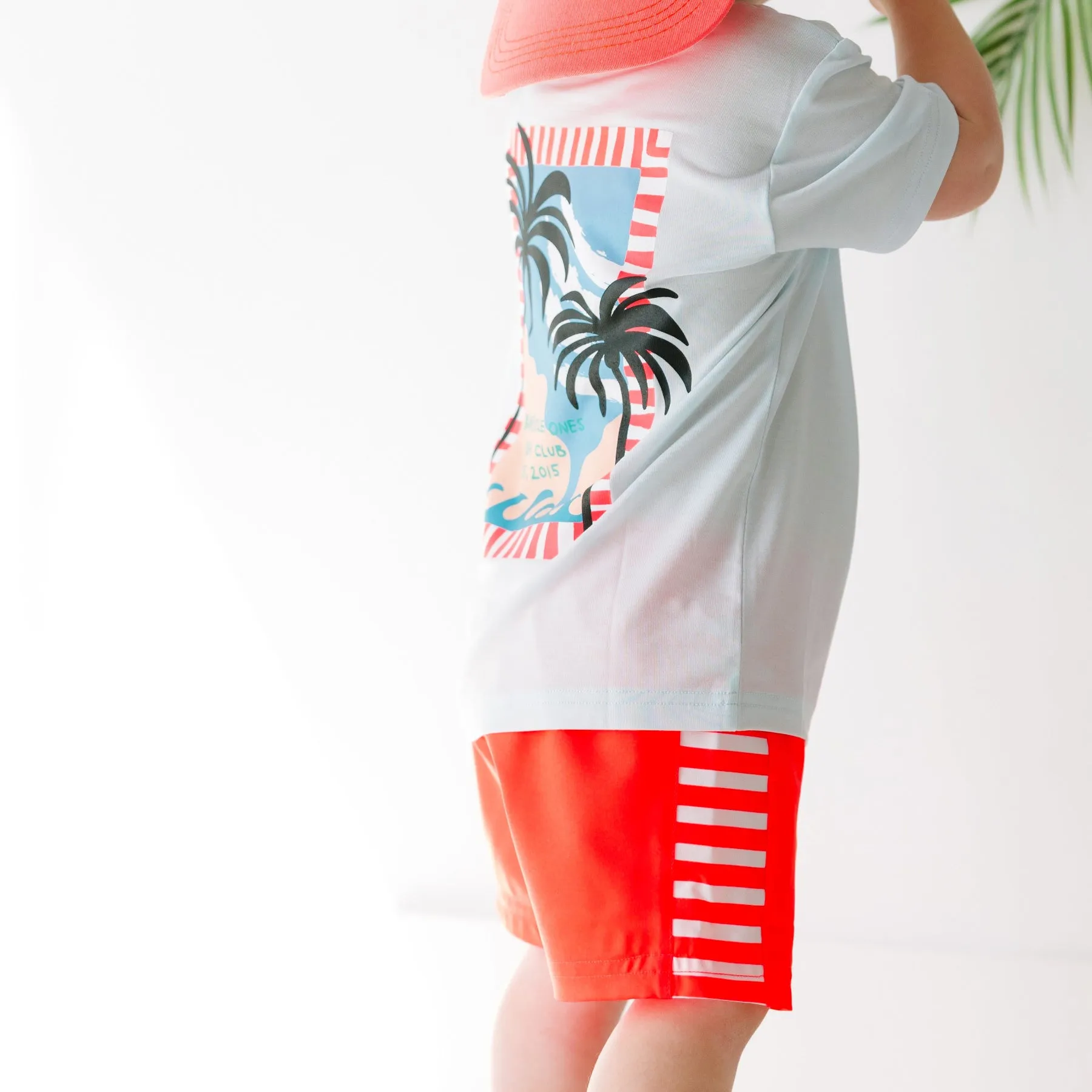 Neon Coral Stripe Swim Trunks