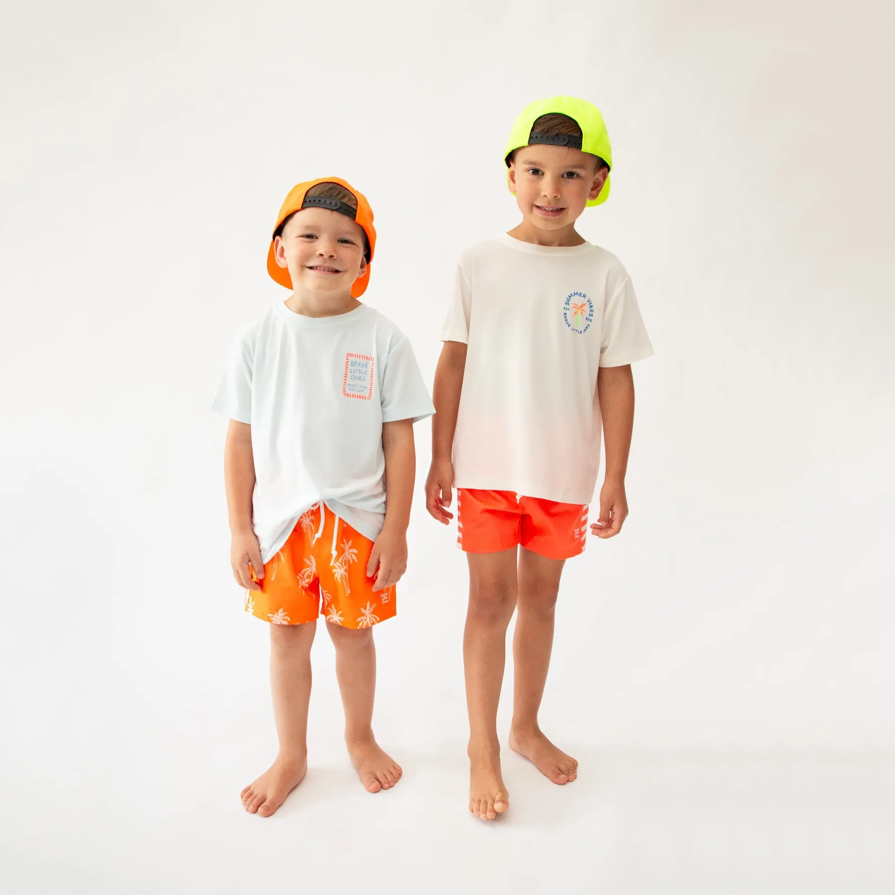 Neon Coral Stripe Swim Trunks