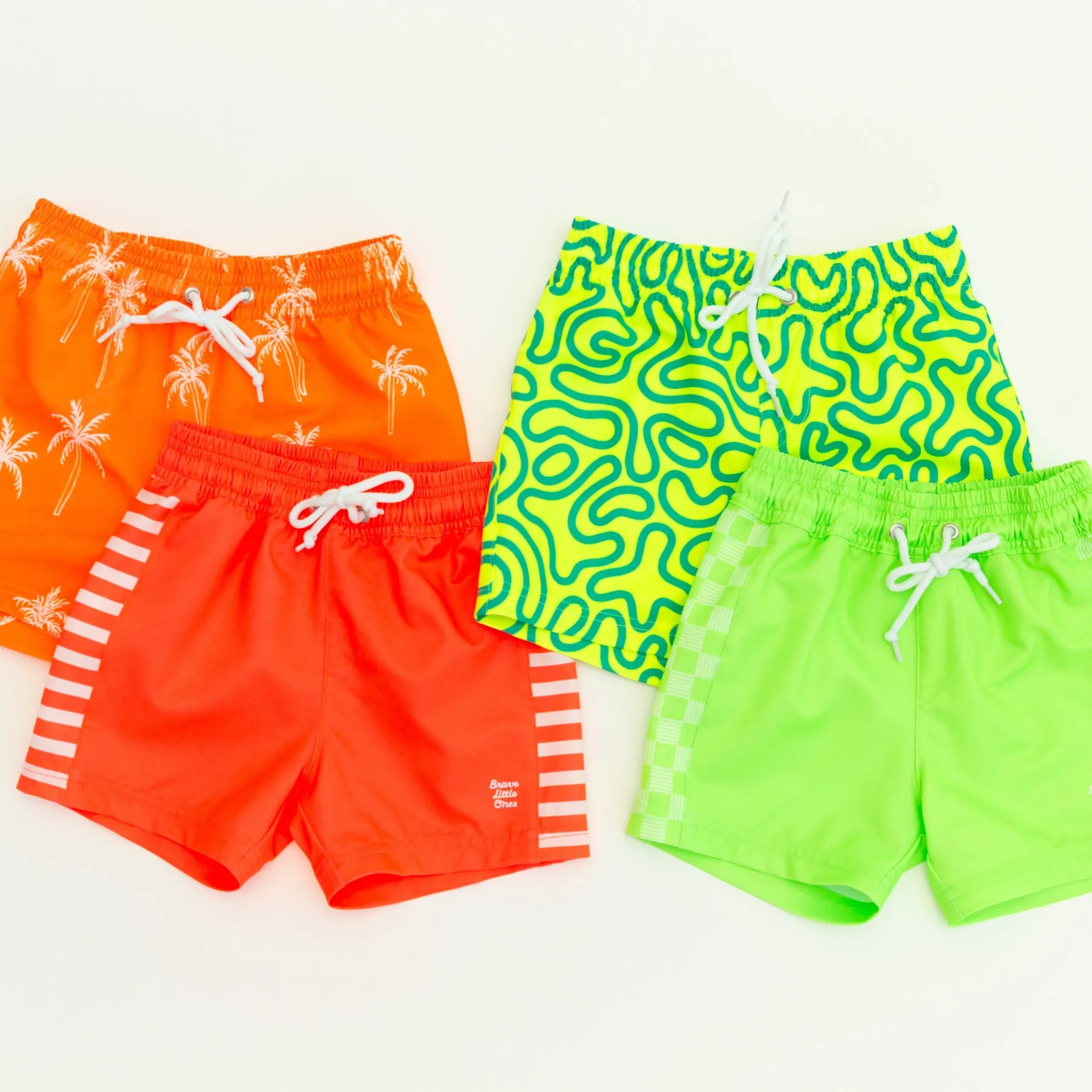 Neon Coral Stripe Swim Trunks