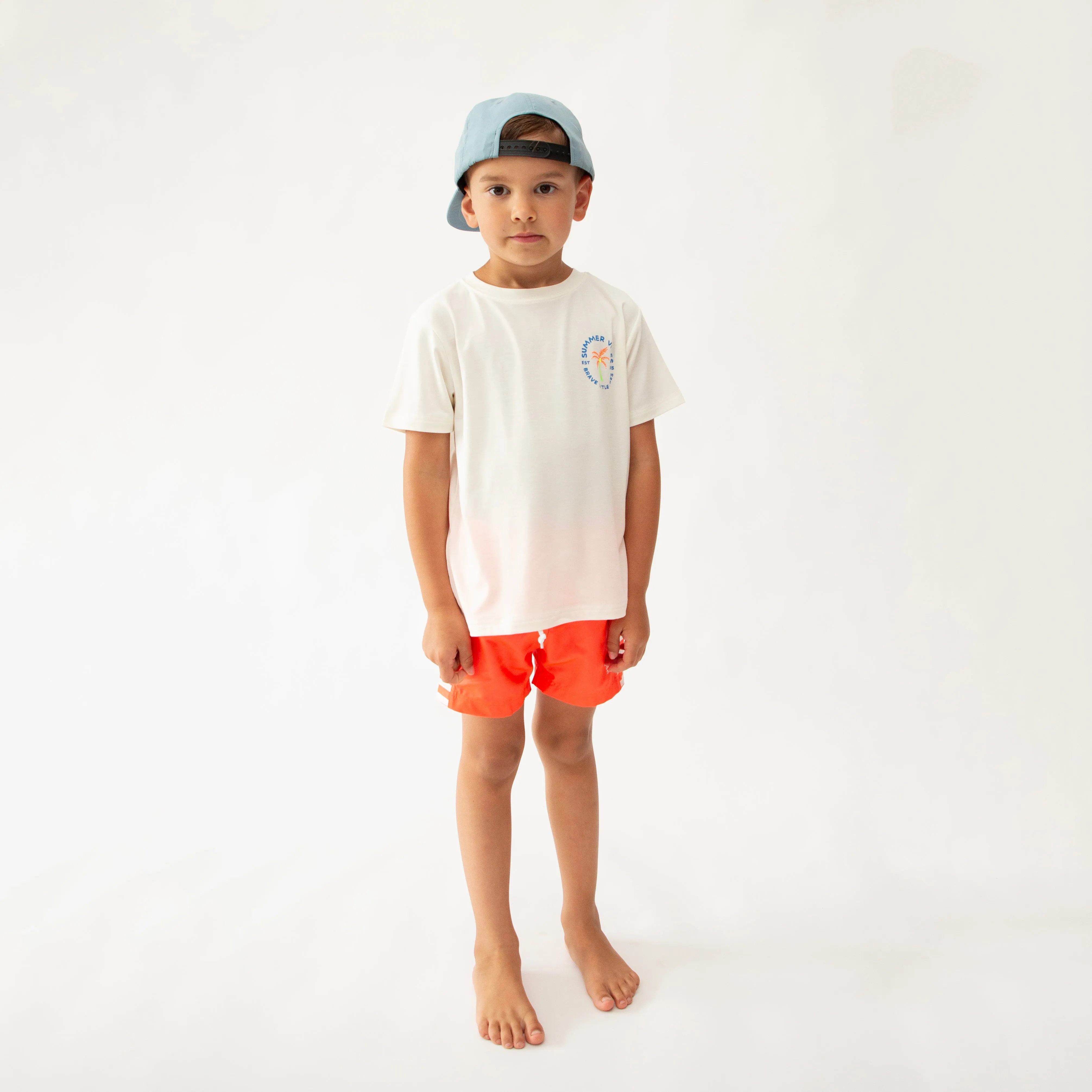 Neon Coral Stripe Swim Trunks