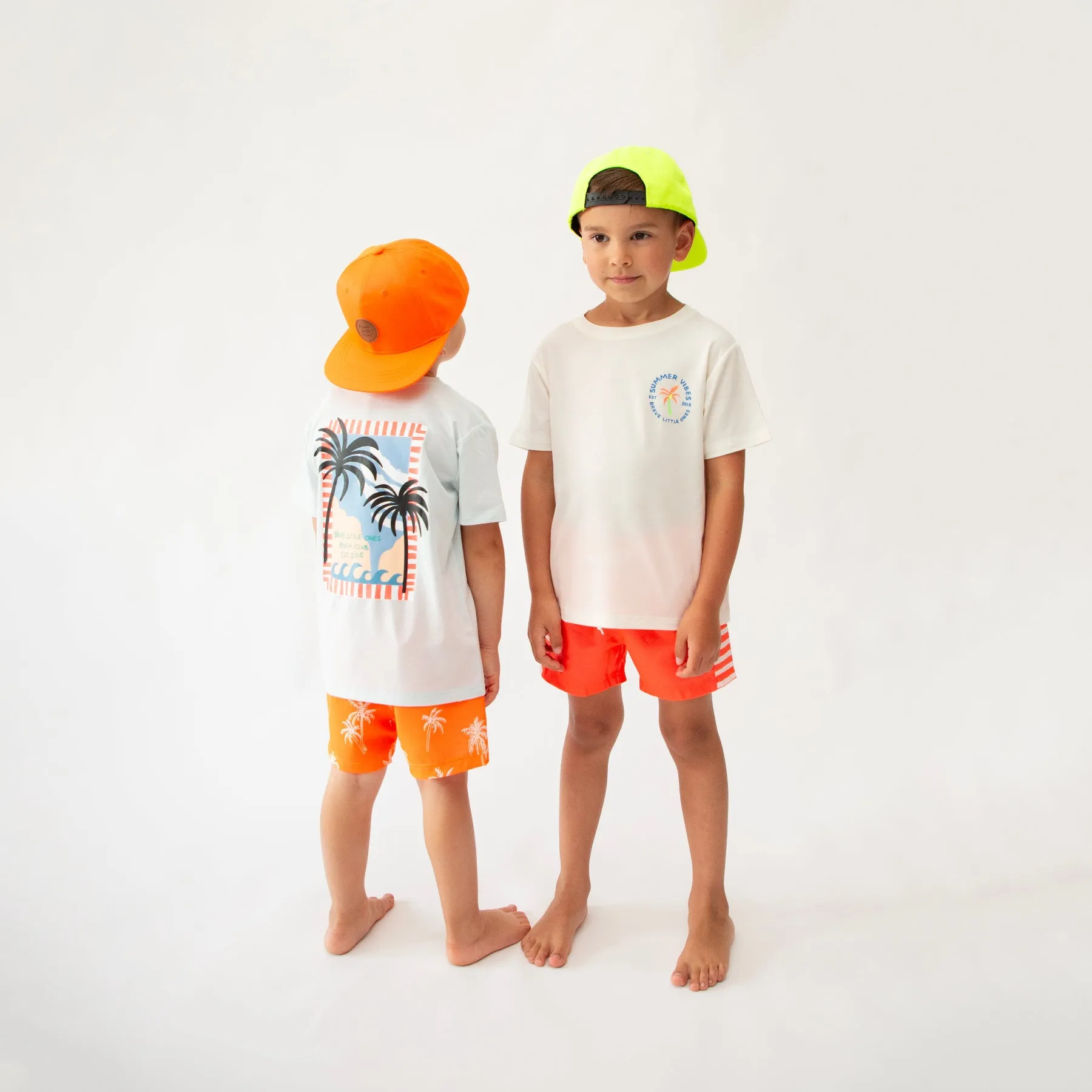 Neon Coral Stripe Swim Trunks