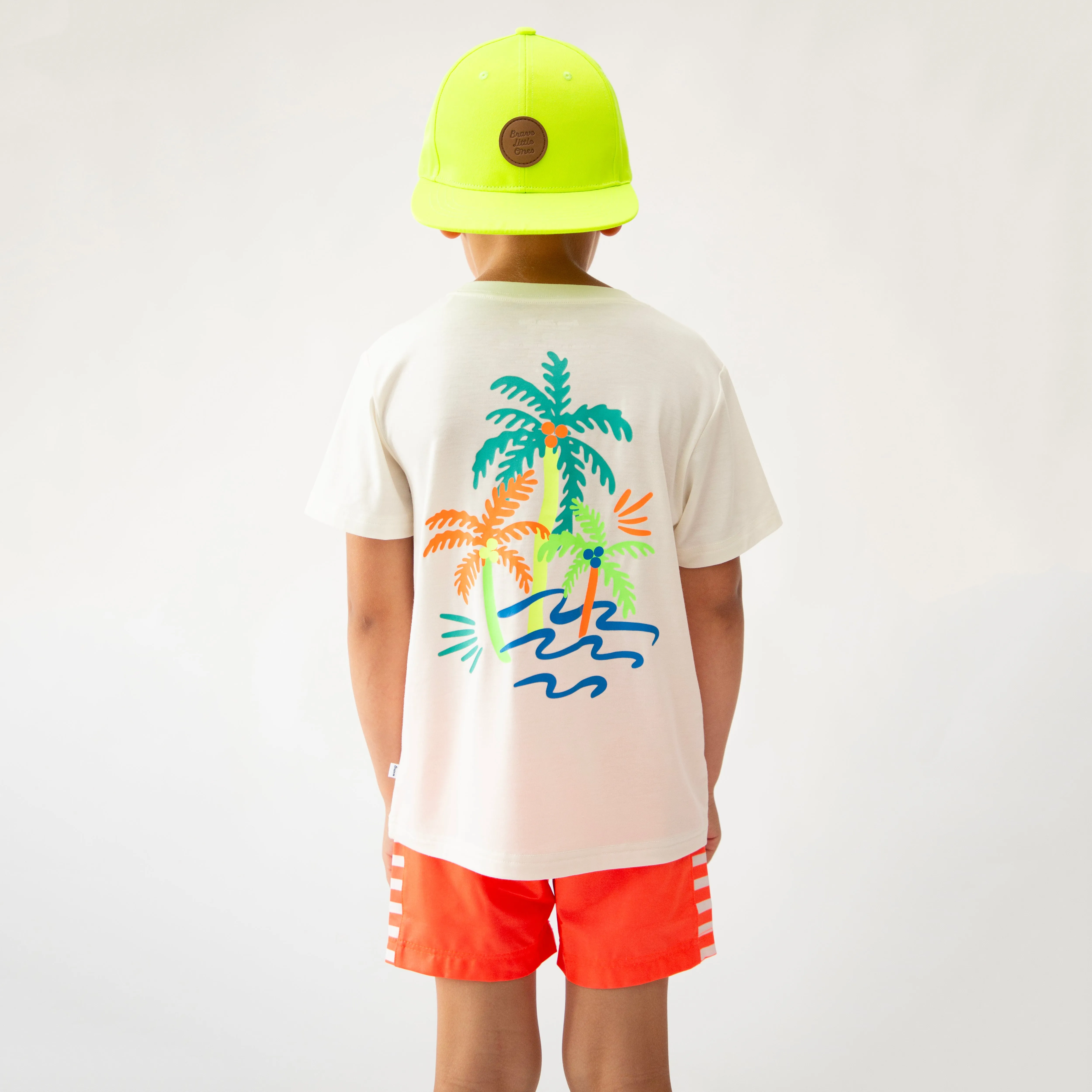 Neon Coral Stripe Swim Trunks