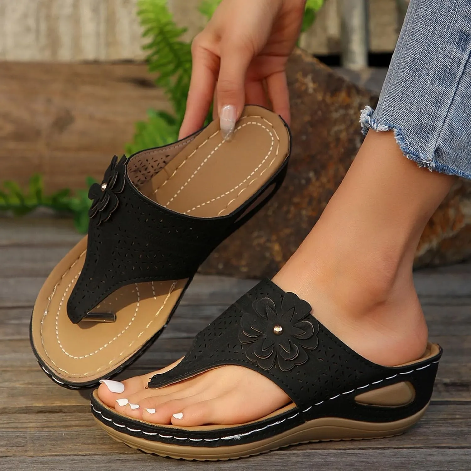 Orthopedic Wedge Sandals for Women Summer Dressy 2025 Flat Open Toe Platform Sandal Womens Casual Flip Flops with Arch Support Slip on Slippers for Office Espadrilles