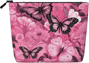 Pink Butterfly Seamless tile Print Toiletry Pouch for Women Single-layer Makeup Bag Travel Essentials Cosmetic Zippered