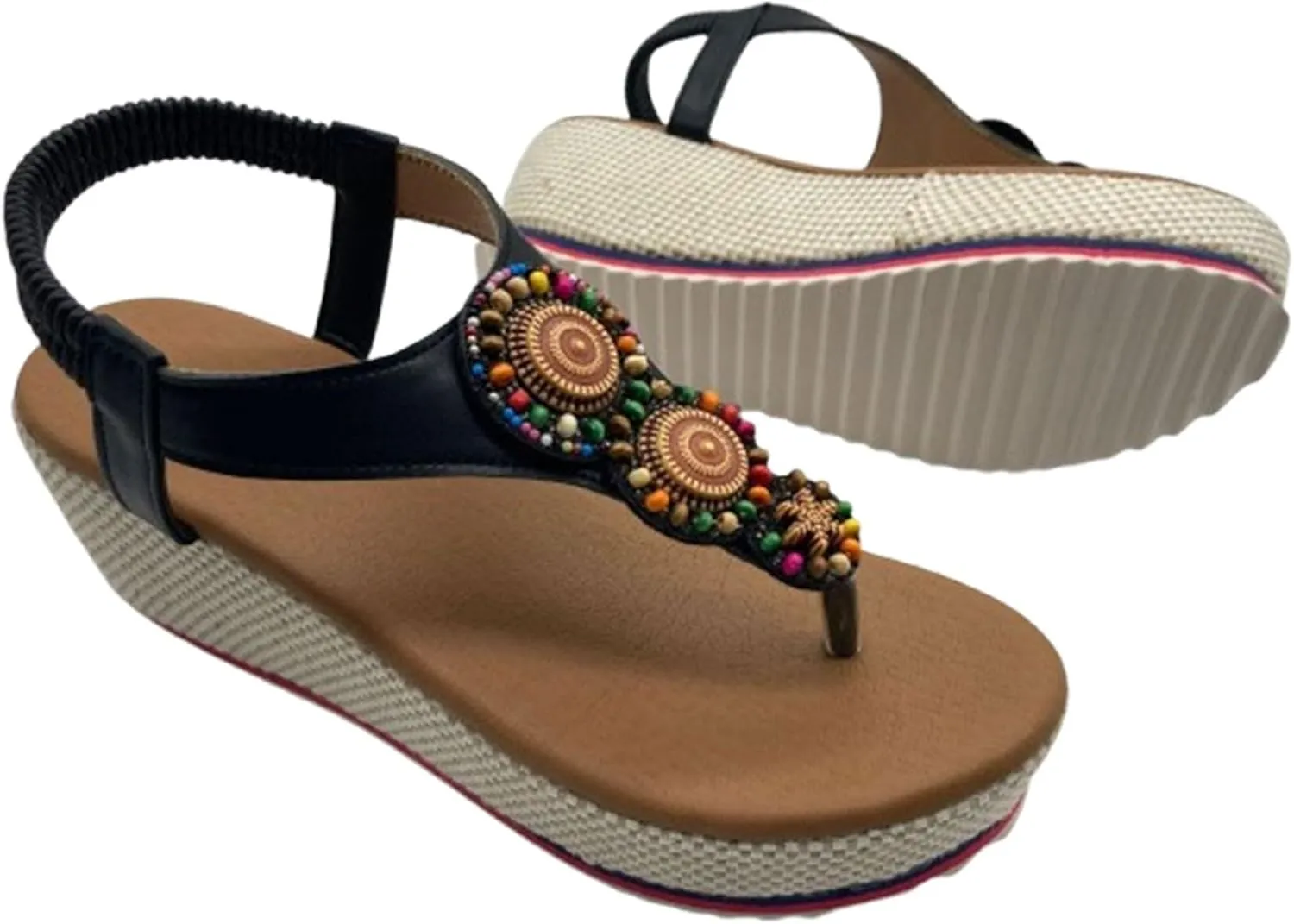 Platform Bohemian Flip Flop for Women Elastic Ankle Strap Open Toe Boho Sandals Comfortable Soft Sole Wide Width Dress Shoes Dressy Slip On Shoes