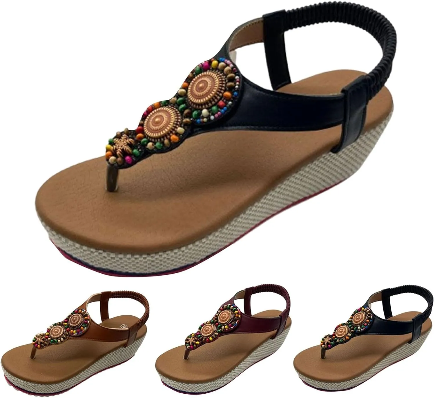 Platform Bohemian Flip Flop for Women Elastic Ankle Strap Open Toe Boho Sandals Comfortable Soft Sole Wide Width Dress Shoes Dressy Slip On Shoes