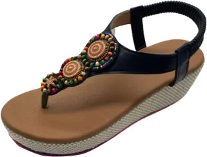 Platform Bohemian Flip Flop for Women Elastic Ankle Strap Open Toe Boho Sandals Comfortable Soft Sole Wide Width Dress Shoes Dressy Slip On Shoes