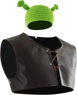 Poboola Green Ogre Vest Costume Leather Veat Mens Renaissance Vest Halloween Movie Character Cosplay Dress Up Adult
