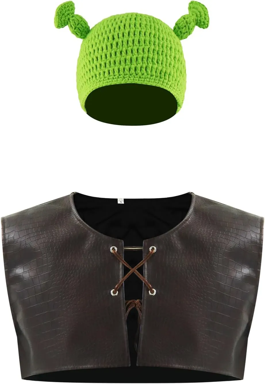 Poboola Green Ogre Vest Costume Leather Veat Mens Renaissance Vest Halloween Movie Character Cosplay Dress Up Adult
