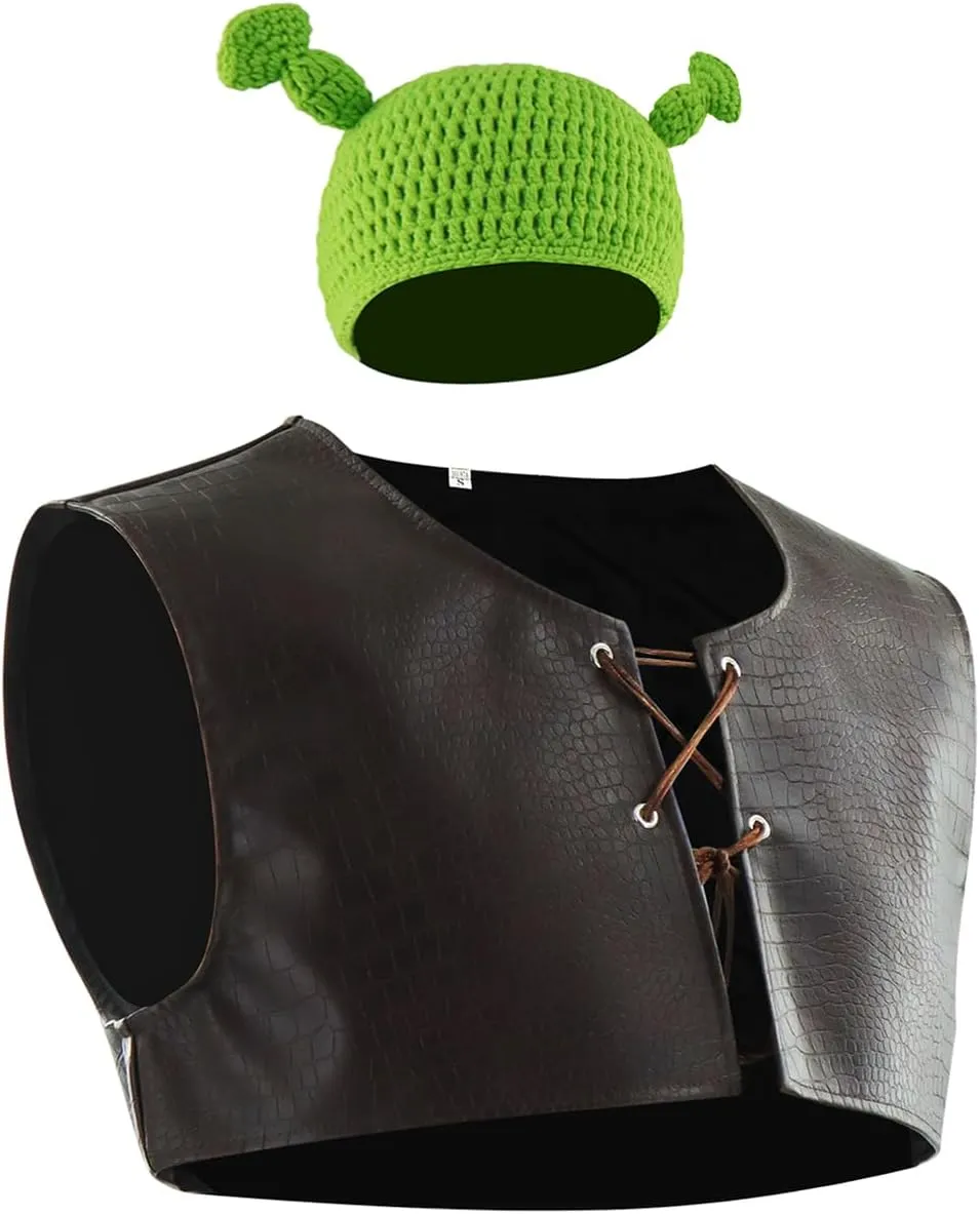 Poboola Green Ogre Vest Costume Leather Veat Mens Renaissance Vest Halloween Movie Character Cosplay Dress Up Adult