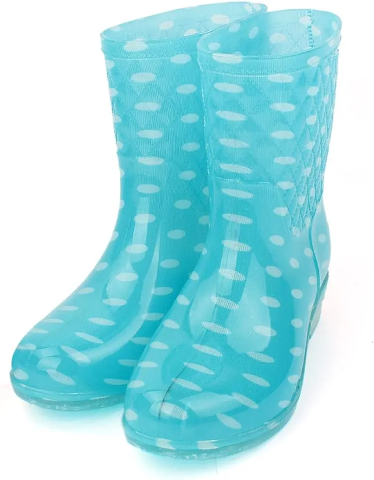 Qtqgoitem Light Blue White US 8.5 Dots Pattern PVC Mid Calf Resistant Waterproof Rainshoes Snow Boots Wellies for Ladies (Model: 61a 6be 919 9f4 49f)