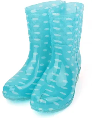 Qtqgoitem Light Blue White US 8.5 Dots Pattern PVC Mid Calf Resistant Waterproof Rainshoes Snow Boots Wellies for Ladies (Model: 61a 6be 919 9f4 49f)