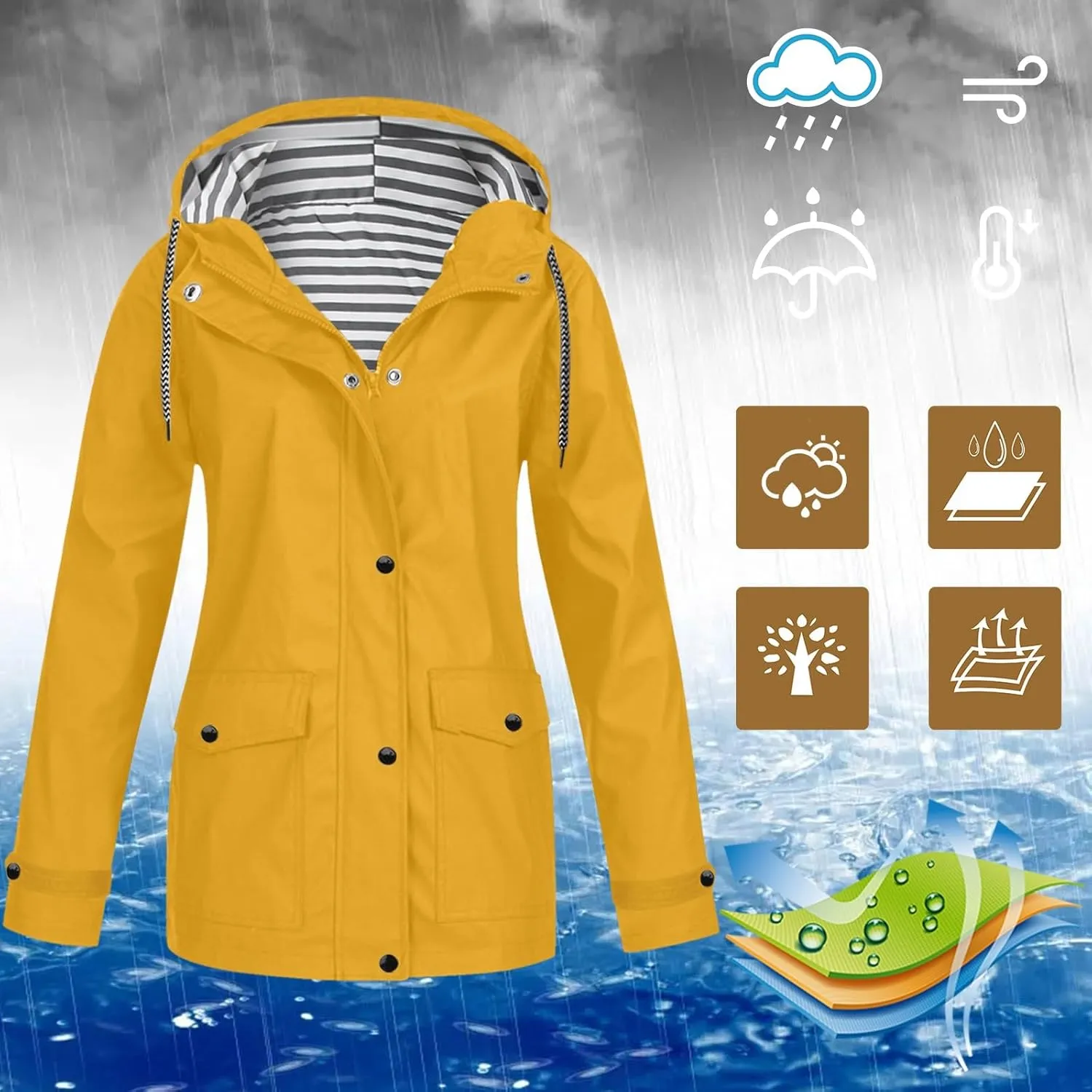 Rain Coats For Women Waterproof With Hood Plus Size Outdoor Active Rain Jacket Lightweight Zip Up Raincoat Windbreaker