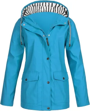 Rain Jackets for Women Windbreaker Waterproof Outdoor Srtiped Lined Coats with Hood Lightweight Raincoat with Pockets