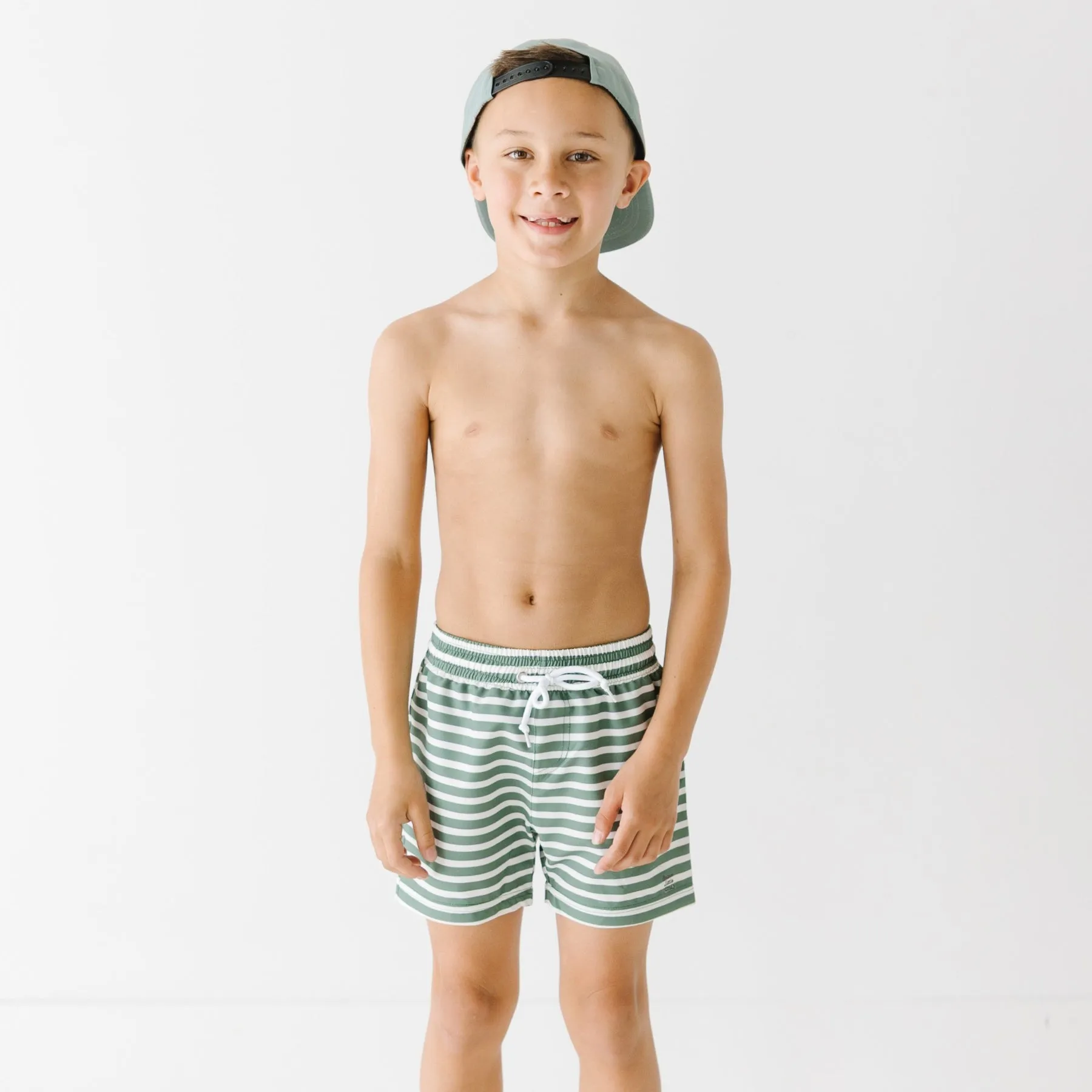 Seaweed Green Stripe Swim Trunks