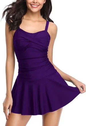 SHEKINI Women's Crossover Ruched Skirt One Piece Swimdress Swimsuit Bathing Suit