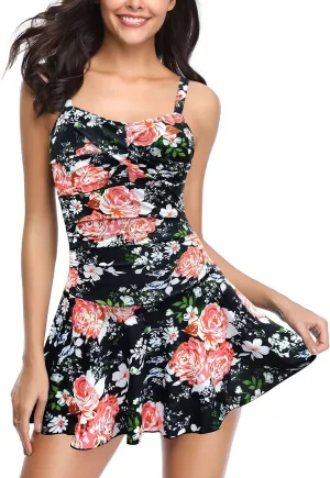SHEKINI Women's Crossover Ruched Skirt One Piece Swimdress Swimsuit Bathing Suit