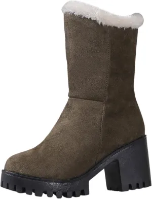 Snow Boots for Women Waterproof Block Heel Boots Warm Ladies Fashion Winter Plush Suede Thick High Heel Cotton Boots