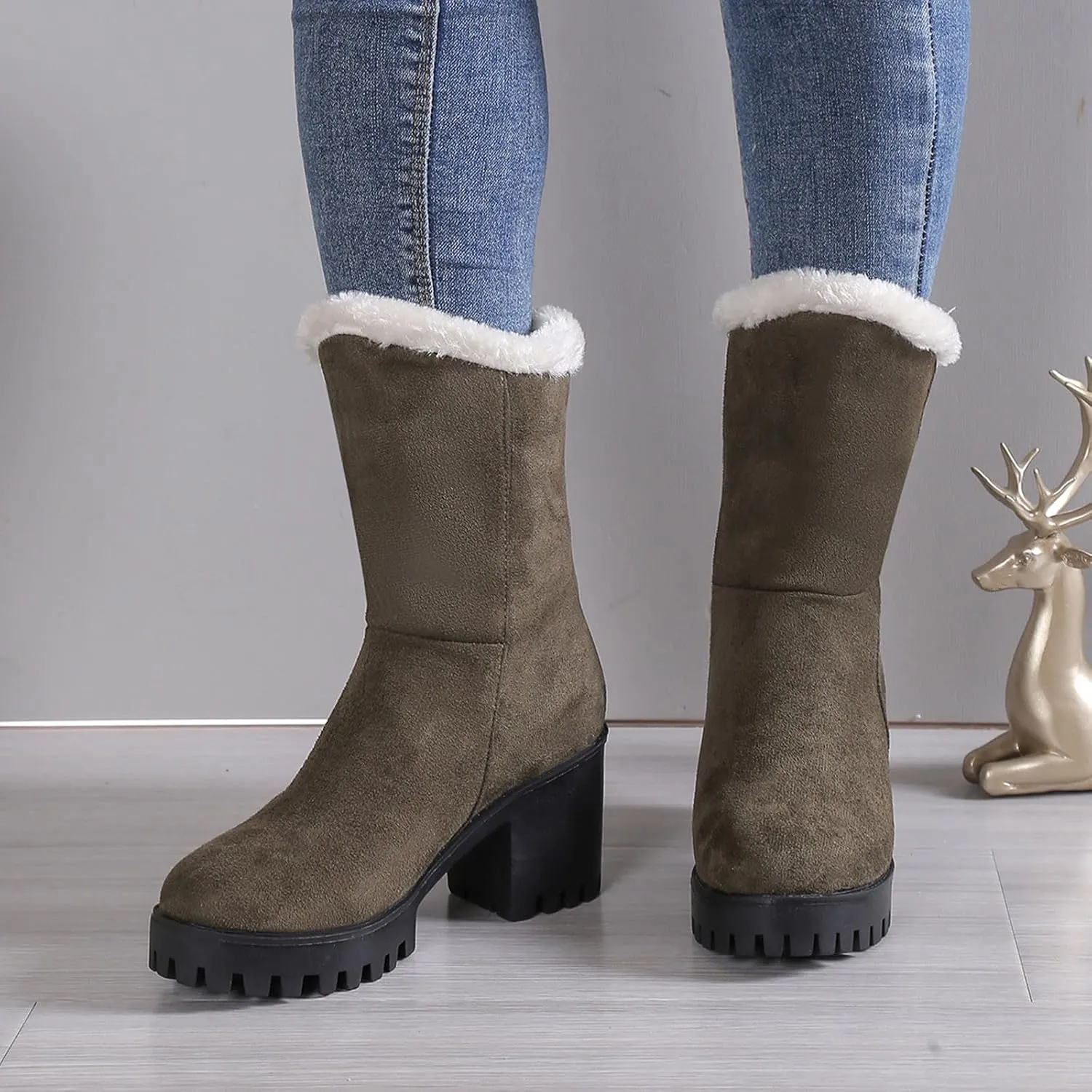 Snow Boots for Women Waterproof Block Heel Boots Warm Ladies Fashion Winter Plush Suede Thick High Heel Cotton Boots